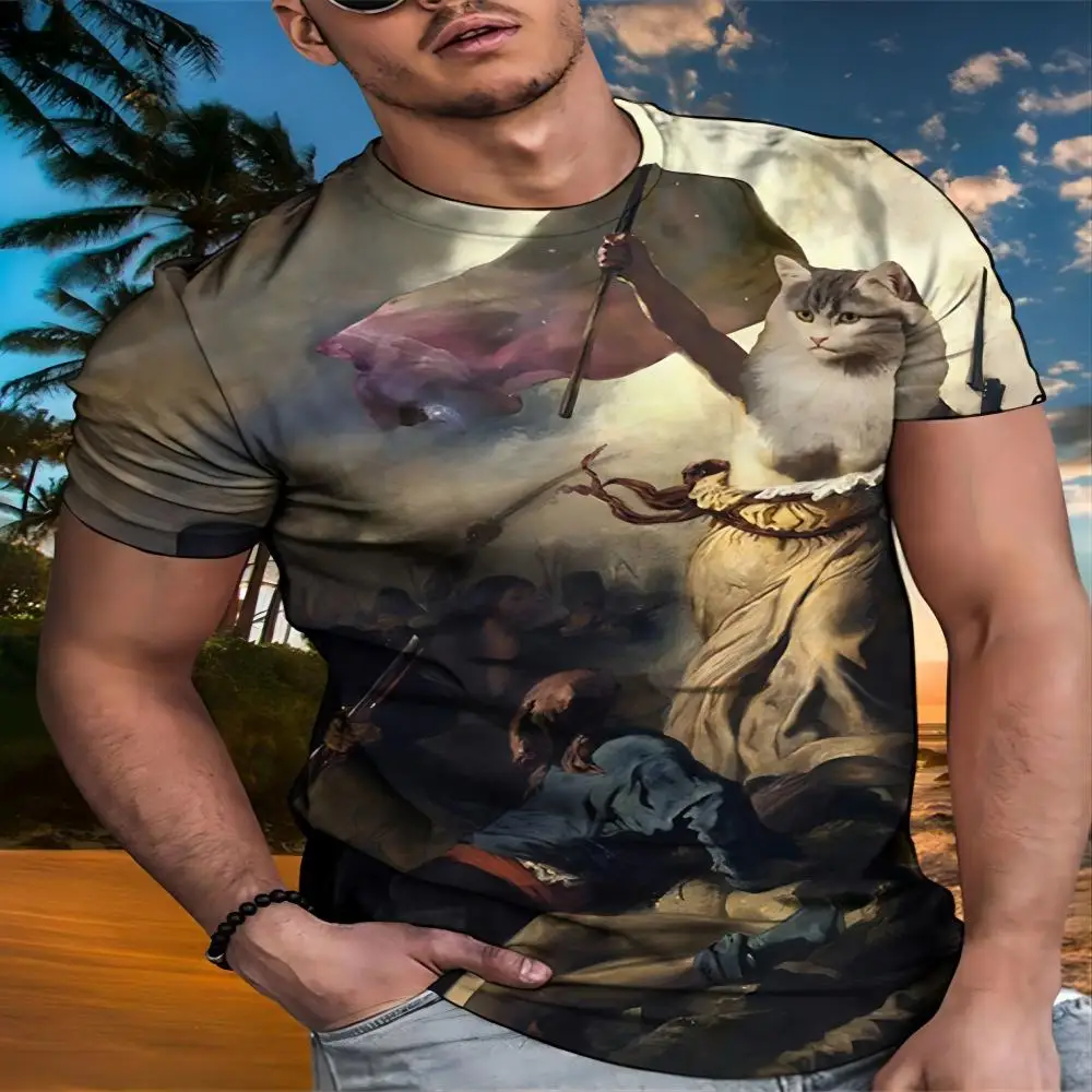 

Summer Casual Fashion 3dt T-shirt Fun Personality Cat Creative Pattern Men's T-shirt Unisex O Collar Shirt Plus Size Streetwear