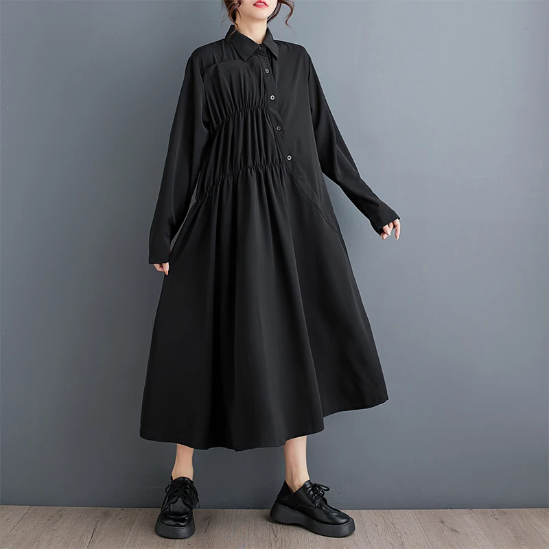 #3837 Black Women Asymmetric Shirt Dress Polo Neck Button Loose Long Sleeve Shirt Dress Loose A-line Dress Vintage Spring Autumn
#3837 Black Women Asymmetric Shirt Dress Polo Neck Button Loose Long Sleeve Shirt Dress Loose A-line Dress Vintage Spring Autumn