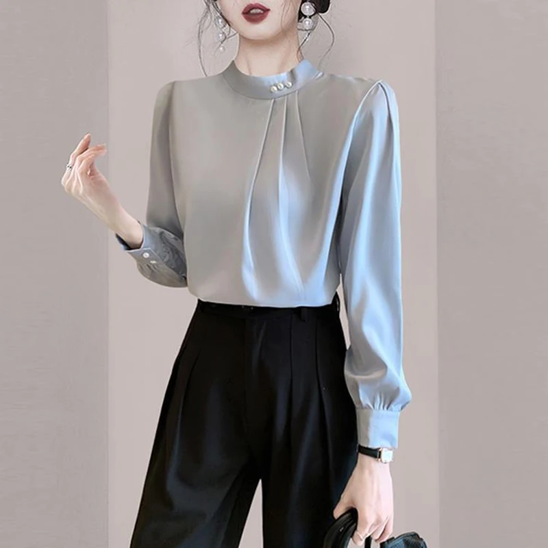 Women Beaded Pleated Design Elegant Blouse Autumn Fashion Office Lady Business Casual Shirts Solid Stand Collar Long Sleeve Tops
Women Beaded Pleated Design Elegant Blouse Autumn Fashion Office Lady Business Casual Shirts Solid Stand Collar Long Sleeve Tops
