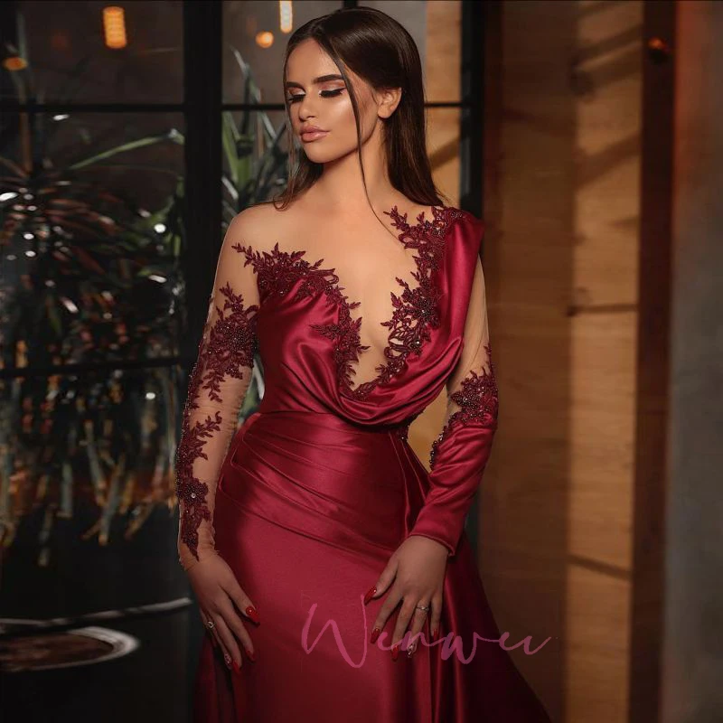 Prom Gown Customized Sexy Mermaid Long Sleeves Burgundy Prom Evening Dresses With Ruffles 2 S0a72c7a6863b4beea30278b3faf664ecY