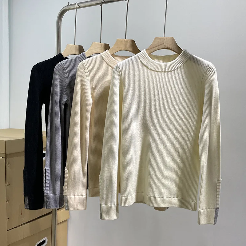 

Autumn and Winter Women Cuffs Slit Beading Solid Color Round Neck 100% Cashmere Knitted Bottoming Sweater