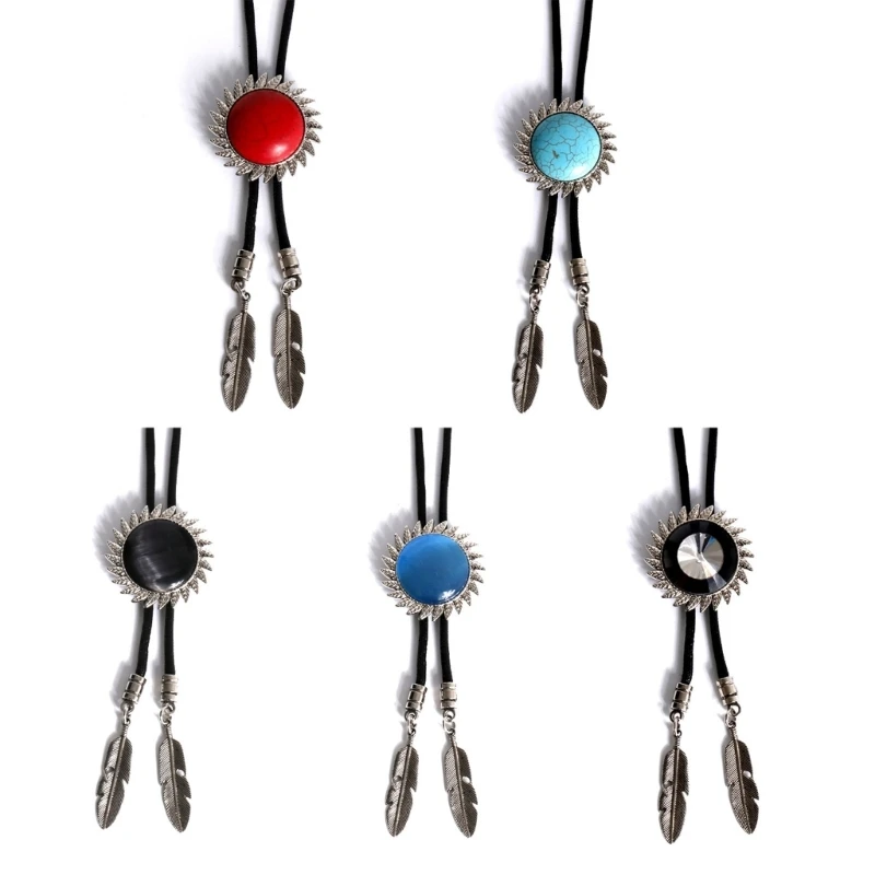 

652F Bolo Tie Cowboy Necktie Vintage Faux Leather Rope Cord Necklace with Sun Shape Stone Pendant Jewelry Accessories for Men