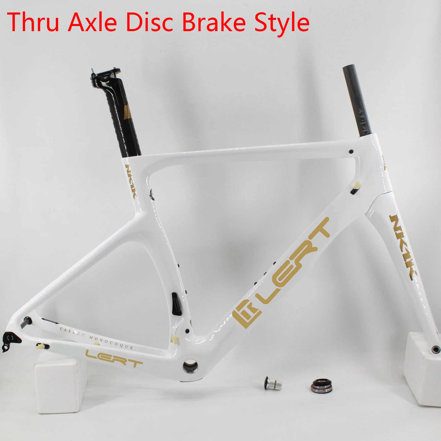 

Newest NK1K White Gold 700C Road Bike 3k Full Carbon Fibre Bicycle Thru Axle Disc Brake Frame Carbon Fork+Seatpost+Headsets