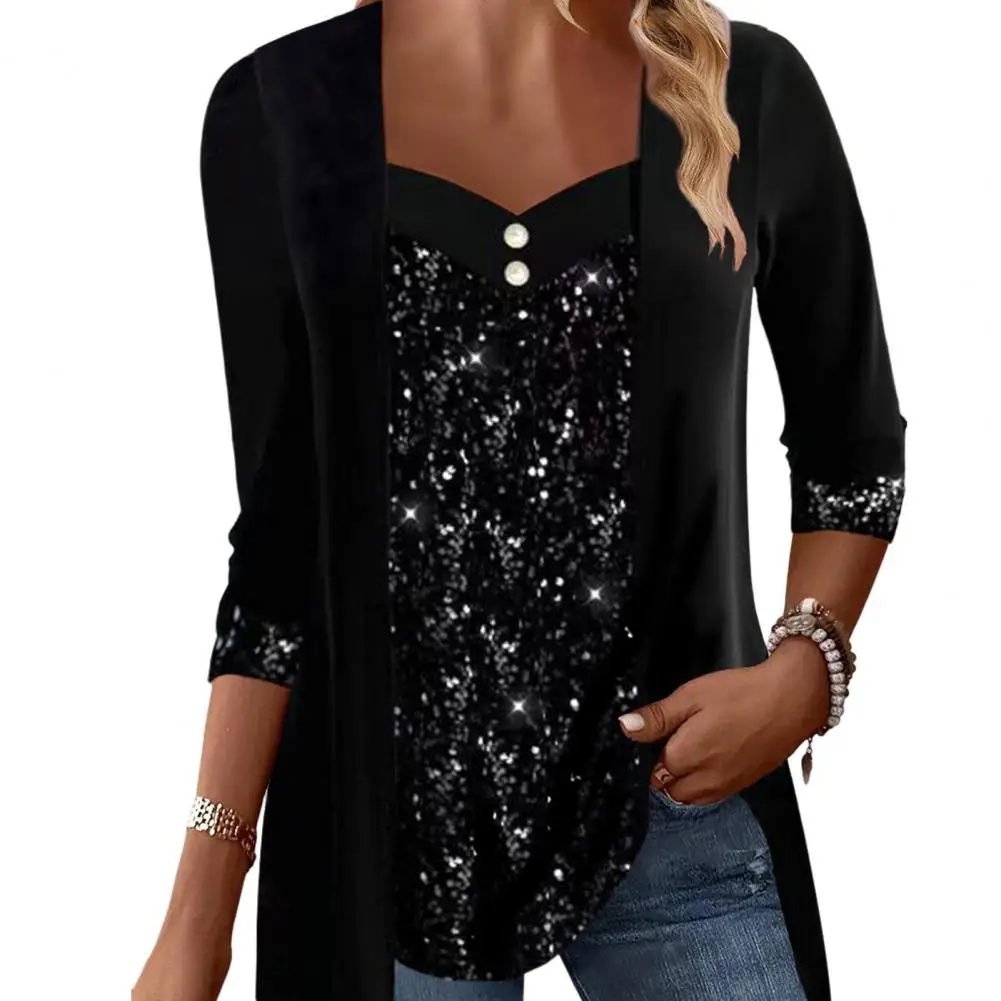 Stretchy Shirt Sequin Patchwork V Neck Pullover Blouse for Plus Size Women Loose Fit Long Sleeve Mid Length Fall Spring Top Lady
Stretchy Shirt Sequin Patchwork V Neck Pullover Blouse for Plus Size Women Loose Fit Long Sleeve Mid Length Fall Spring Top Lady