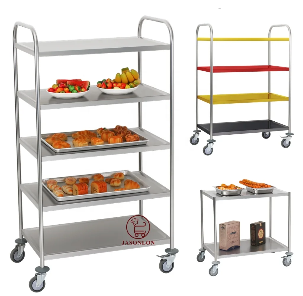 

China OEM Manufacturer 2-tier Stainless Steel Carts 5-Tiers Round Tube Hotel Serving Food Trolley