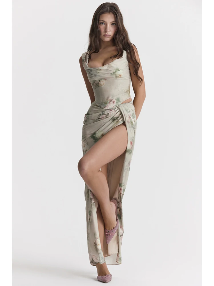 Summer Vintage Sling Printed Two Piece Set Elegant Floral Crop Corset Top+Lace Up Backless Maxi Skirt Women Party 2 Piece Suits
Summer Vintage Sling Printed Two Piece Set Elegant Floral Crop Corset Top+Lace Up Backless Maxi Skirt Women Party 2 Piece Suits