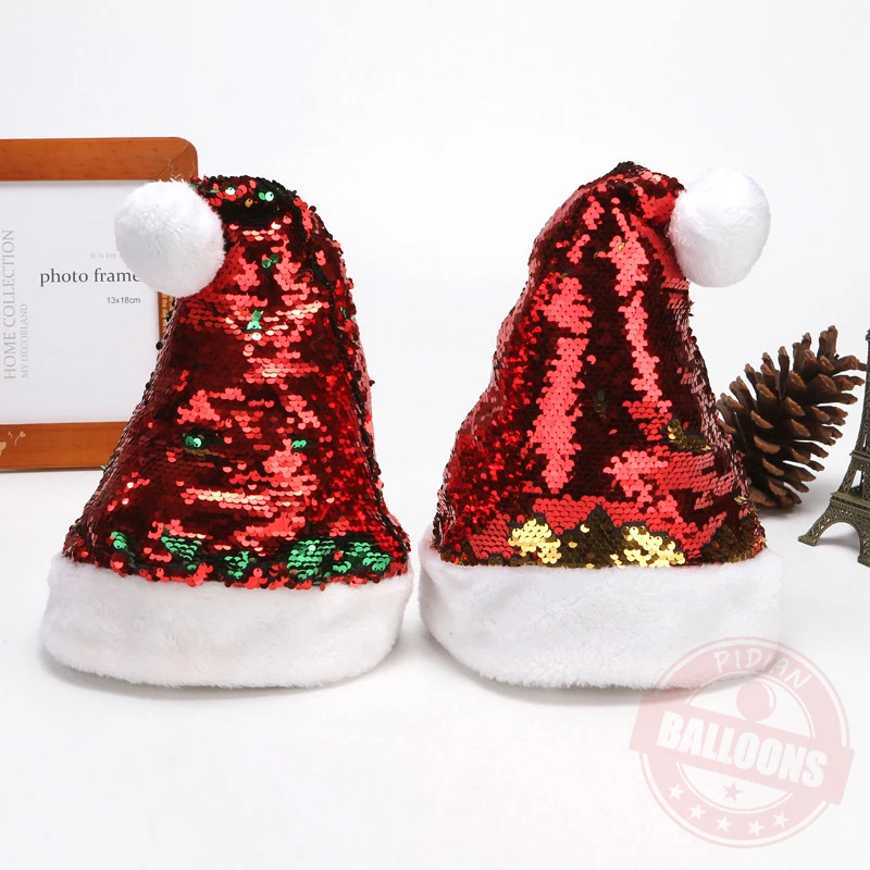 

NEW 30cm*40cm Flip Sequin Short Plush Christmas Hat Christmas Glitter Sequin Christmas Hat Festival Celebration Decoration