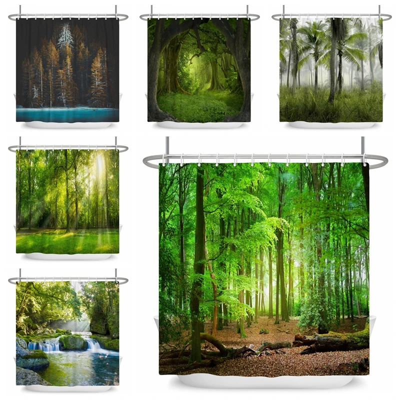 

Natural Landscape Forest Shower Curtain Tropical Trees Bathroom Waterproof Curtain 3D Print Scenery Partition Curtain With Hooks