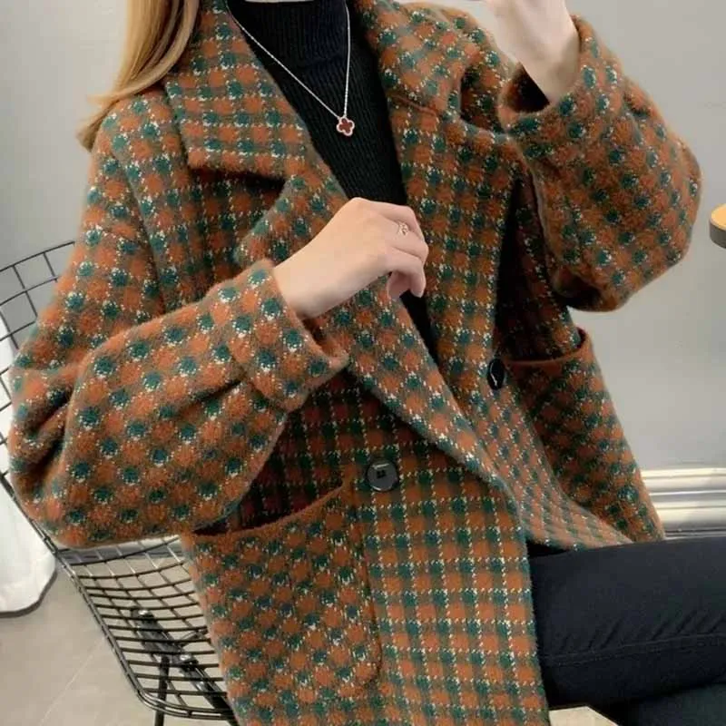 

Autumn Winter Female Korean Fashion Lattice Woolen Suit Jacket Women Loose Fitting Double-sided Fabric Knitting Cardigan Coat