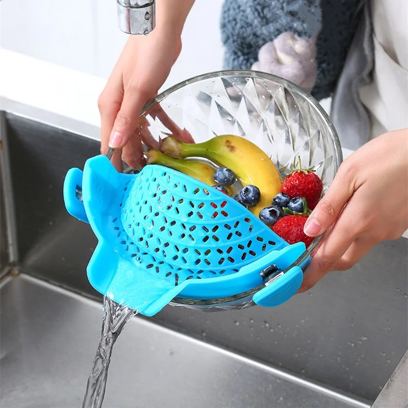 

Kitchen Gadgets Silicone Kitchen Strainer Clip Pan Drain Rack Bowl Funnel Rice Pasta Vegetable Washing Colander Noodle Tool