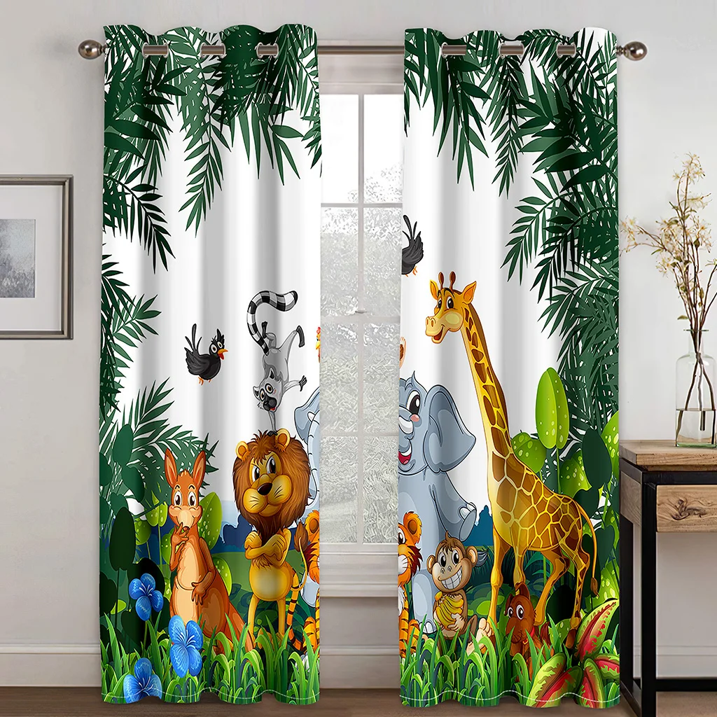 

3D Cartoon Animal Tiger Elephant Giraffe Curtains 2 Panel Children's Room Boys Girls Room Living Room Bedroom Decor Curtains