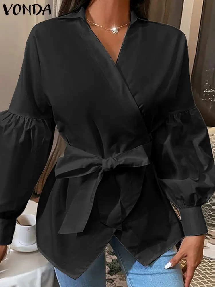 

VONDA Fashion Women Elegant OL Party Blouse Solid Color Tops 2024 Autumn Shirts Lapel Long Sleeve Casual Blusas Femininas Belted