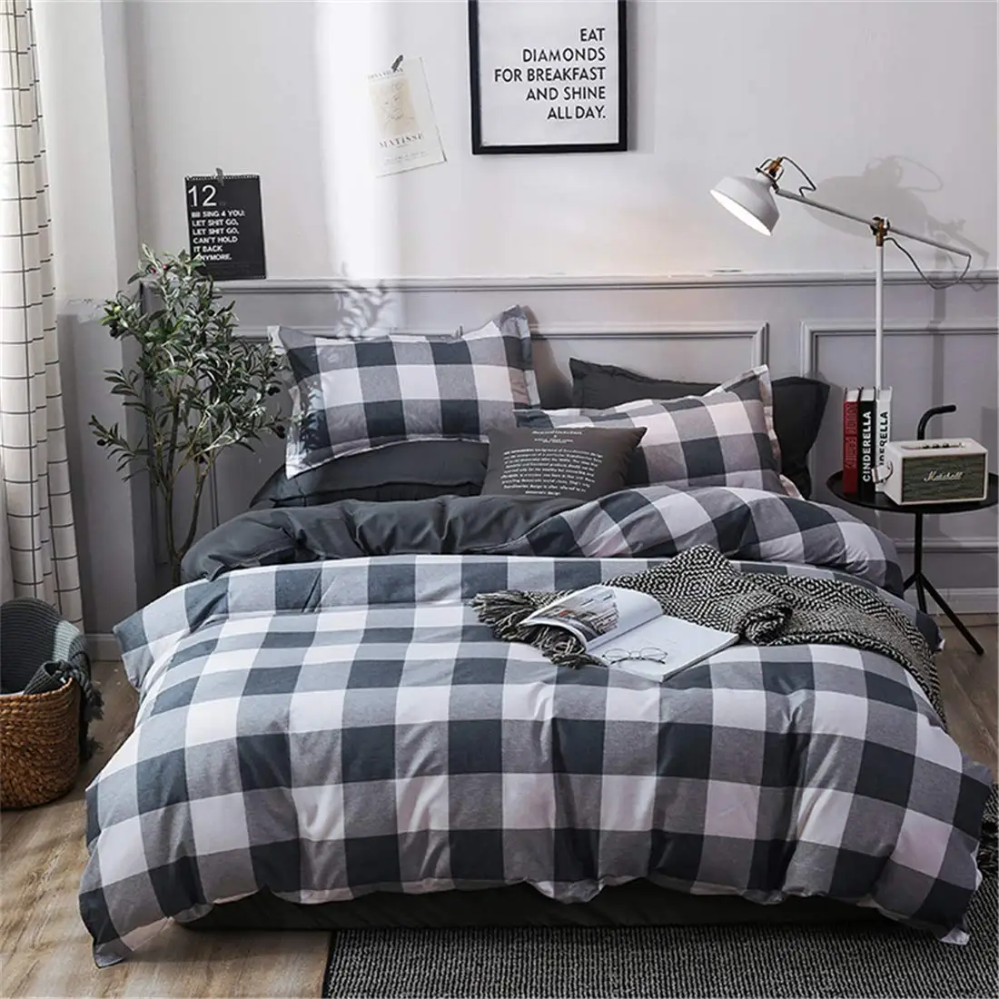 

Duvet Cover Set Buffalo Check Gingham Plaid Geometric Checker Pattern Printed in Gray Grey and White Bedding with Zipper Closure