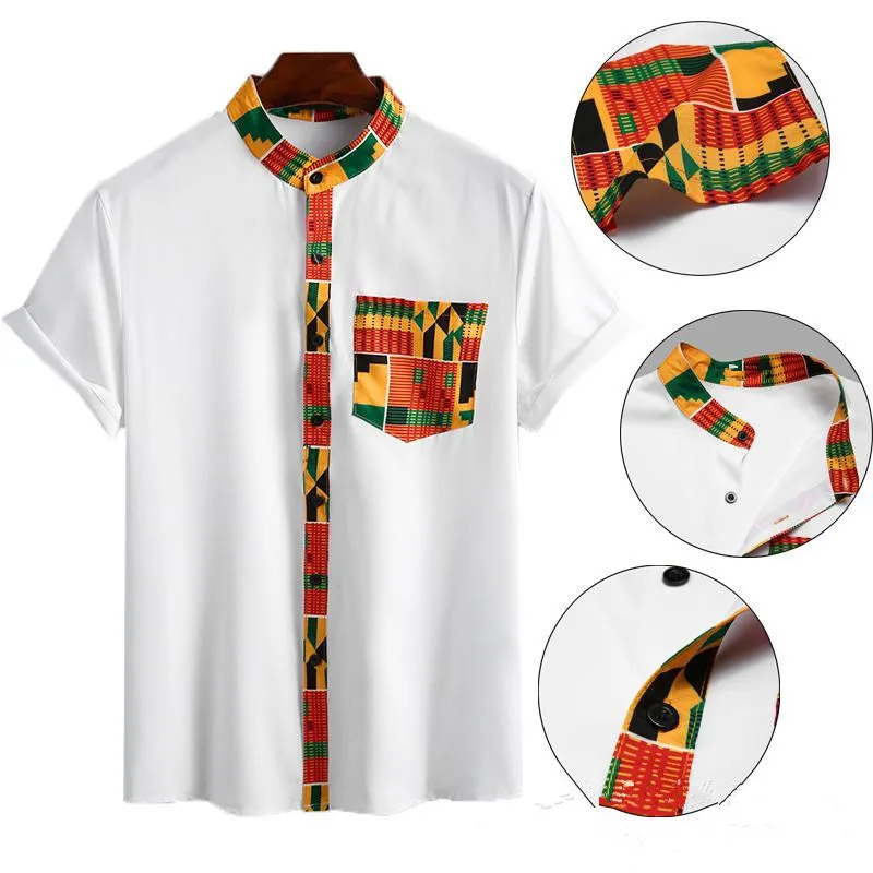 

Рубашка мужская с цветочным принтом, короткий рукав, воротник-стойка, этнический винтажный принт, свободная уличная одежда на пуговицах, одежда в африканском стиле