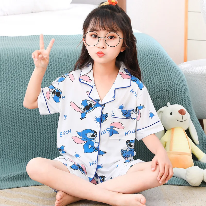 

Disney Stitch Pajama Summer Children Pajamas Set Pyjamas Girls Cute Cartoon Lapel Cardigan Short-sleeved Shorts Loose Home Wear