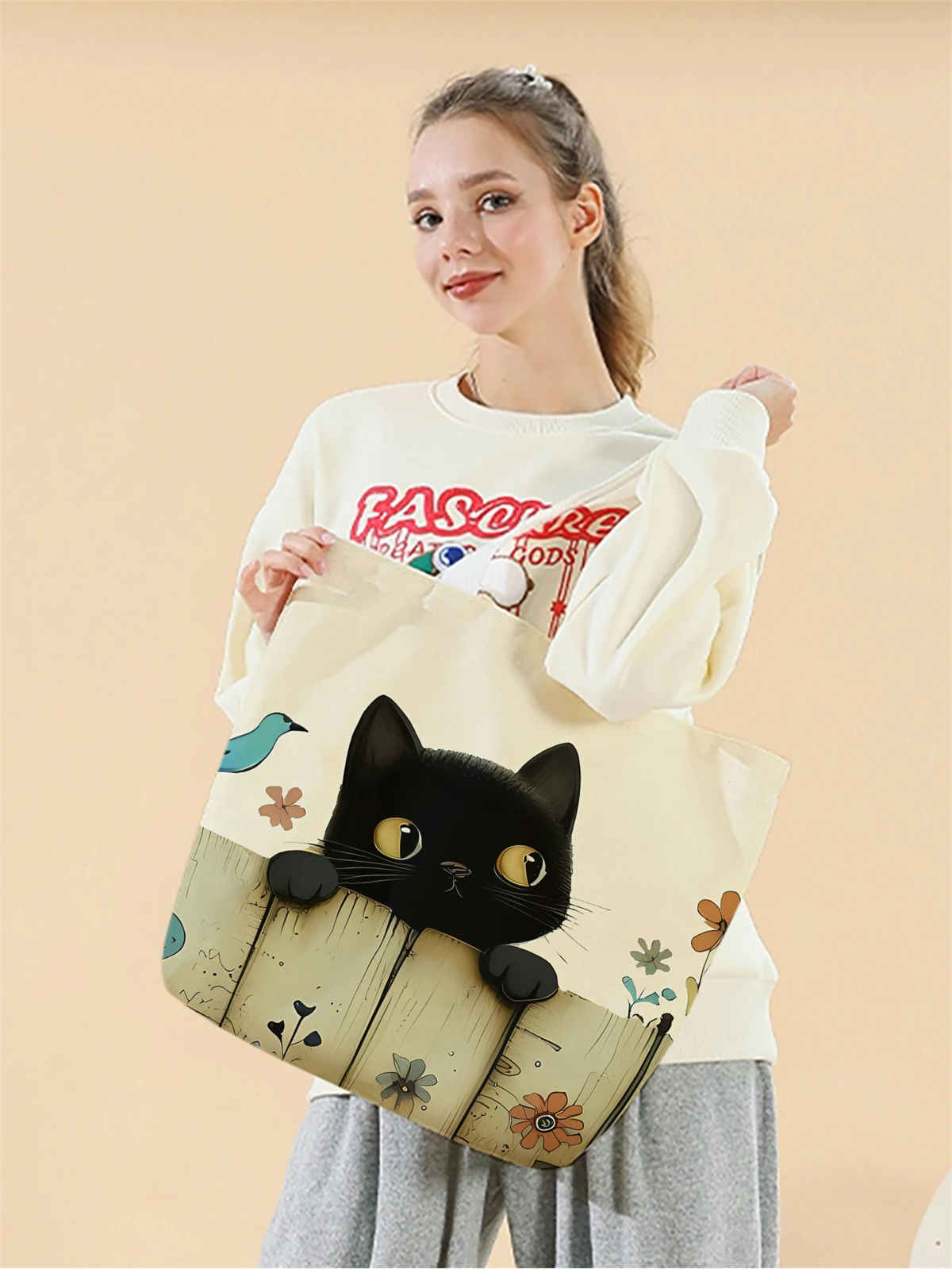 Cat Flower Pattern Handbag - Reusable Fashionable Canvas Shopping Bag 1 S0a8dea325d2d4b6baacba75589052988E