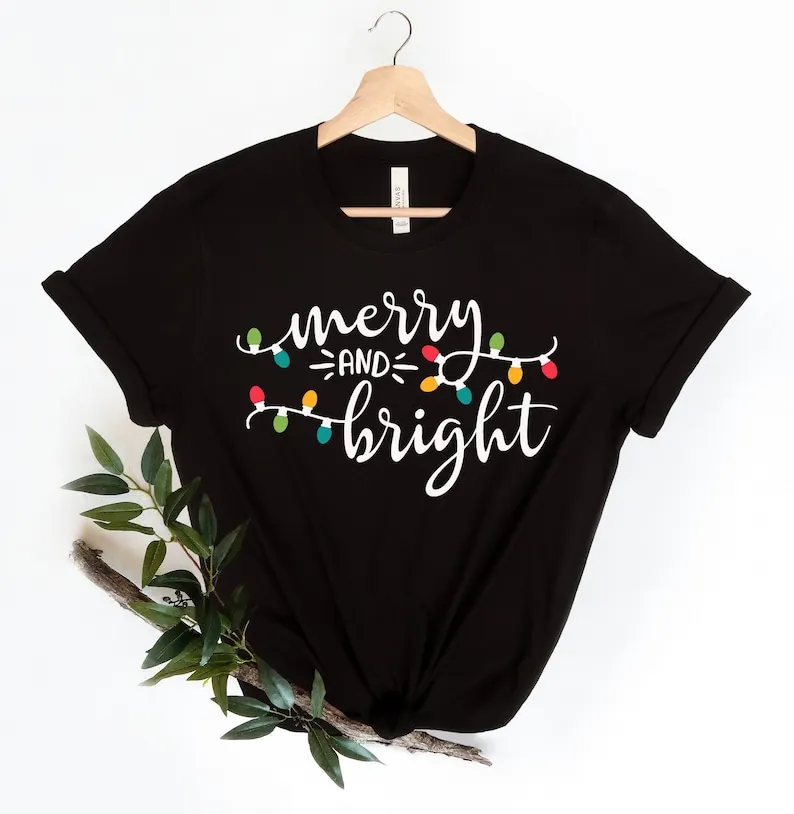 

Merry and Bright Shirt Christmas Lights Gift for Family Shirt Merry Short Sleeve Top Tees O Neck 100% cctton Fashion goth kawaii