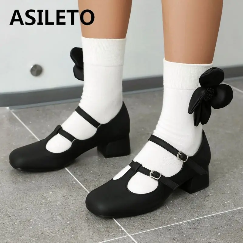 

ASILETO Spring Female Pumps Square Toe Chunky Heels 4cm Buckles T-strap Big Size 41 42 43 Soft Leisure Daily Mary Janes Shoes