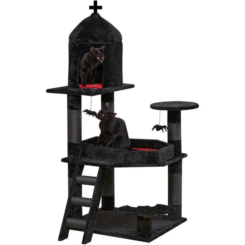 

Gothic Cat Tree with Coffin Bed，55" Cat Tower with Spacious Cat Condo，Scratching Posts，Spider Hanging Ball，Multi-Level Cat Activ