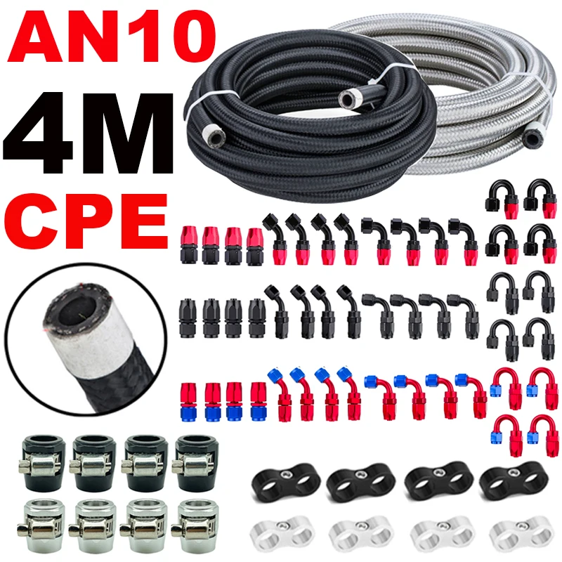 

4M/13FT AN10 10AN Fuel Hose Oil Gas Line Cooler Pipe Tube Nylon Stainless Steel Braided CPE Rubber End Fittings Clamps Separator