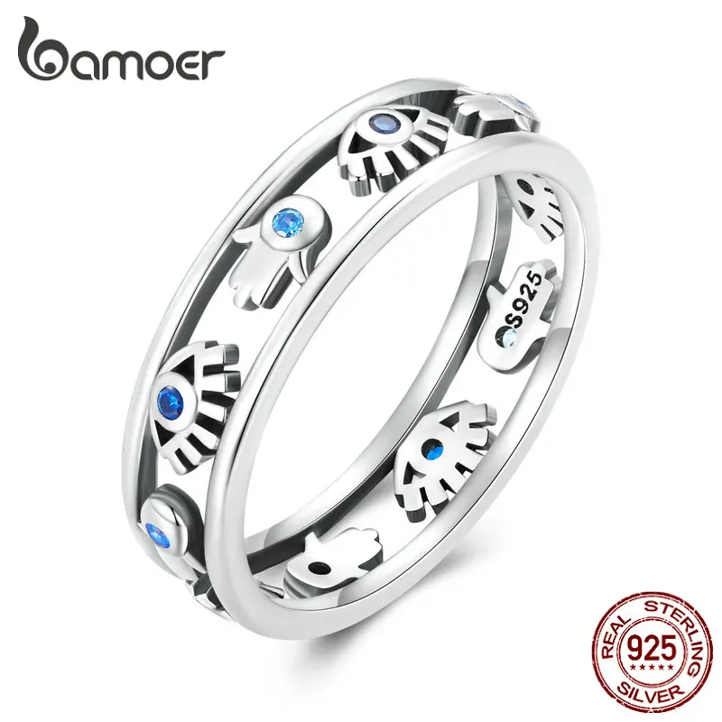 

Bamoer 925 Sterling Silver Hollow Devil's Eye Rings Fatima's Hand Finger Ring for Women Party Gift Unique Fine Jewelry SCR900