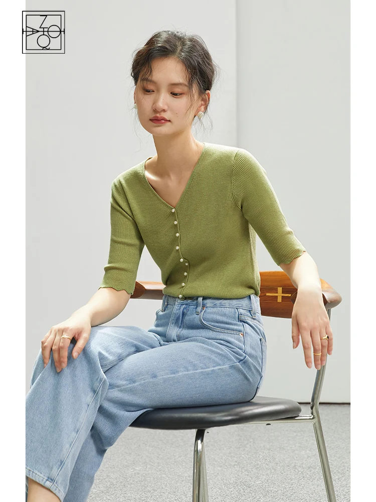 

ZIQIAO High-quality Wool Sweater Women Thin Section Early Autumn V-neck Outer Wear Half Sleeve Full Sleeve Female Bottoming Top