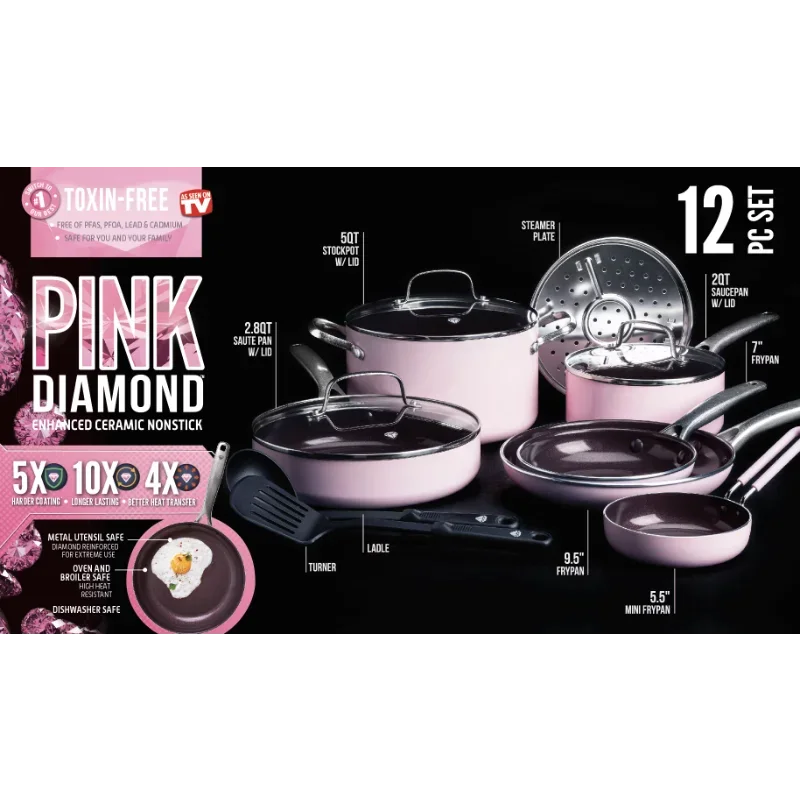 Andralyn Blue Diamond Toxin-Free Ceramic and Dishwasher Safe 12-Piece Pots and Pans Cookware Set, Pink
Andralyn Blue Diamond Toxin-Free Ceramic and Dishwasher Safe 12-Piece Pots and Pans Cookware Set, Pink