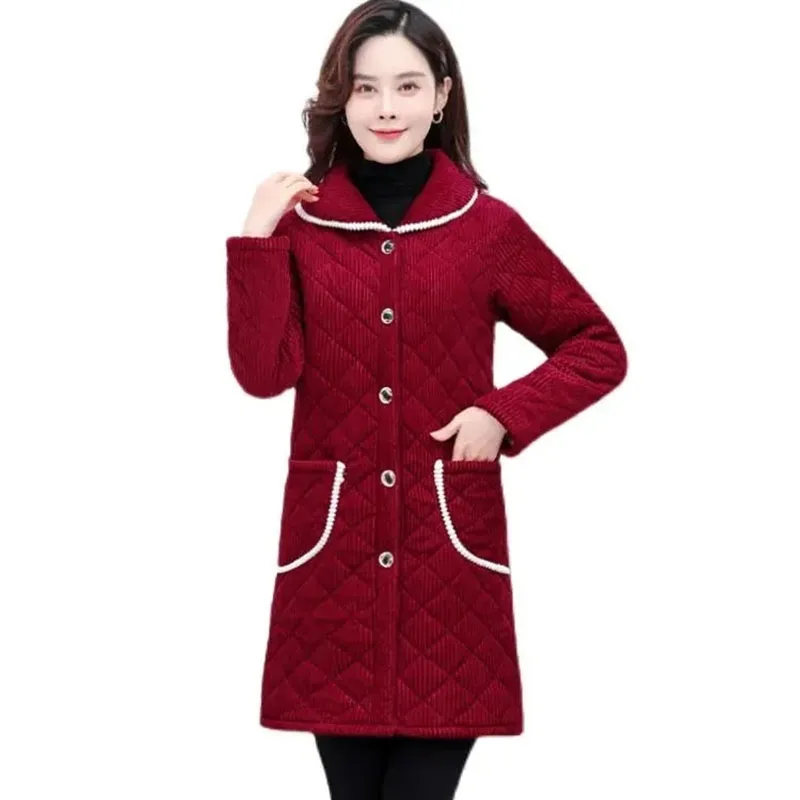 

Middle-aged Elderly Women Corduroy Coat New Winter Jacket Parkas Velvet Cotton Padded Jacket Female Long Outerwear 5XL Overcoat