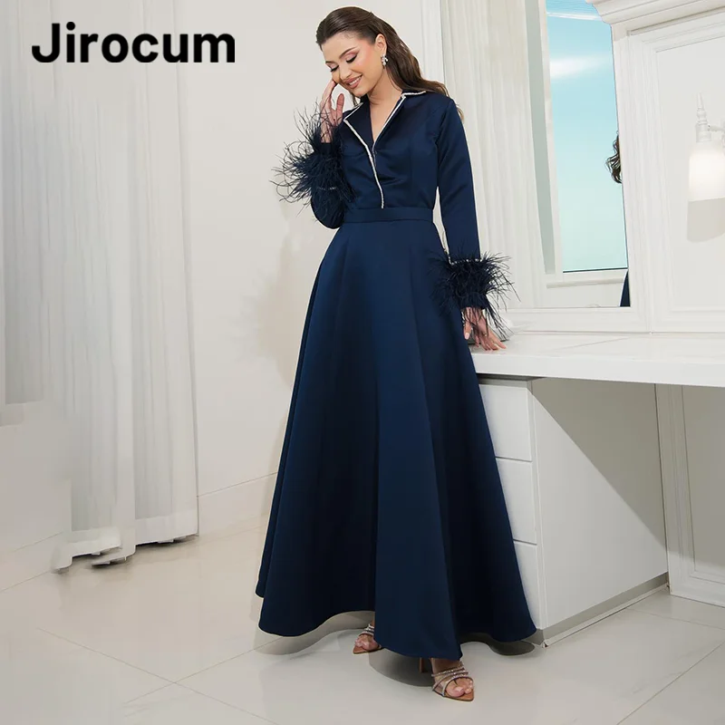 

Jirocum A Line Prom Gown Women's V Neck Long Sleeve Feather Beaded Party Evening Gowns Ankle Length Saudi Formal Occasion Dress