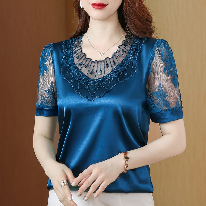 Summer Elegant Women's Short Sleeve Tops Lace Satin Silk Shirts And Blouses Casual Loose Black White Party Female Clothing
Summer Elegant Women's Short Sleeve Tops Lace Satin Silk Shirts And Blouses Casual Loose Black White Party Female Clothing