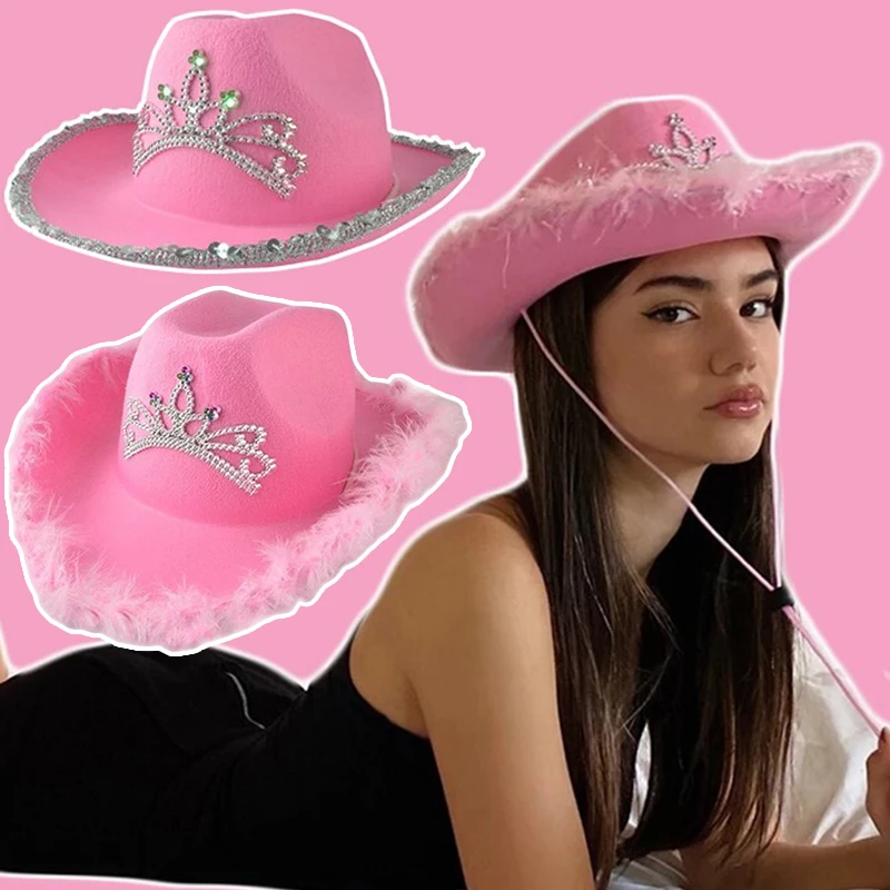 Western Cowboy Caps Pink Cowgirl Hat for Women Girl Tiara Cowgirl Hat Holiday Birthday Costume Party Hat Feather Edge Fedora Cap
Western Cowboy Caps Pink Cowgirl Hat for Women Girl Tiara Cowgirl Hat Holiday Birthday Costume Party Hat Feather Edge Fedora Cap