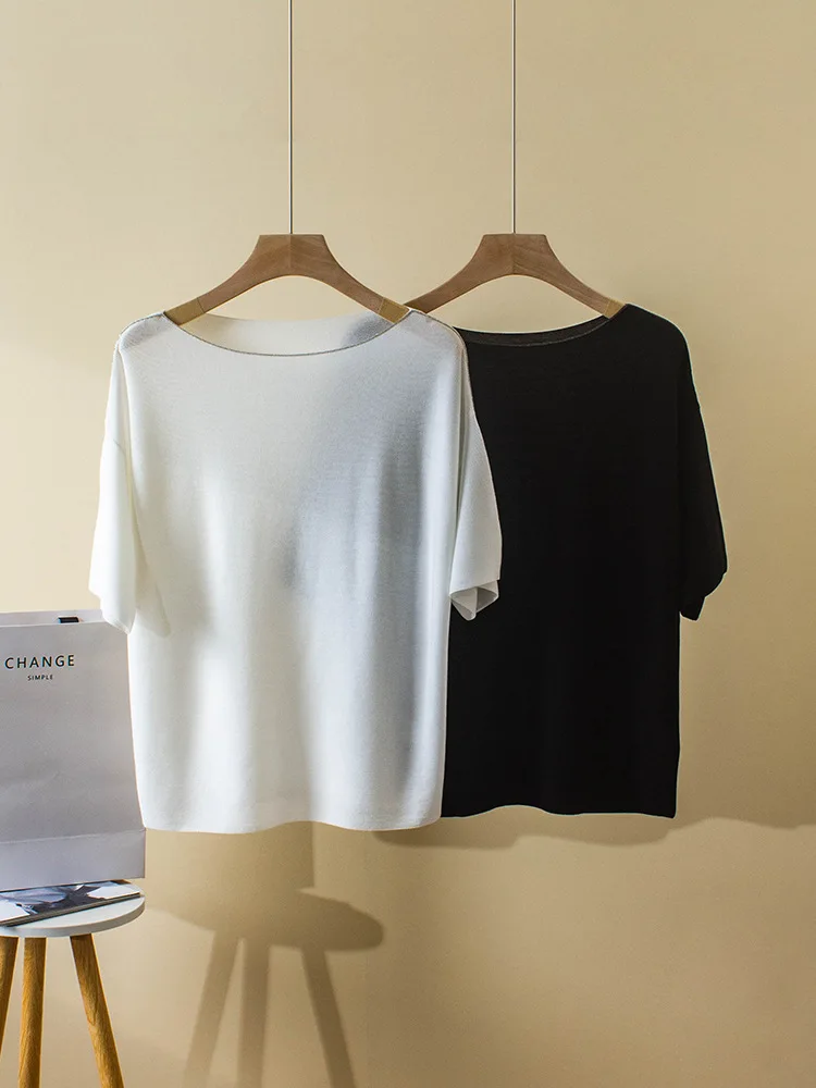 Beading Chain Slash Neck Women Knit Tee Tops Solid Color Summer New 2024 Ladies Short Sleeve Loose Tshirt
Beading Chain Slash Neck Women Knit Tee Tops Solid Color Summer New 2024 Ladies Short Sleeve Loose Tshirt