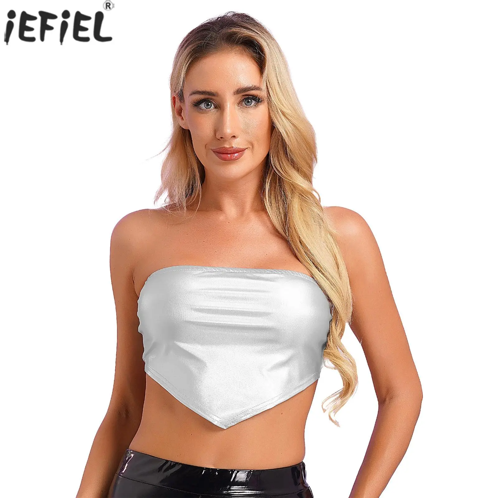 

Womens Summer Sexy Strapless Cropped Tube Tops Pointed Hem Asymmetrical Bandeau Sleeveless Shiny Vest for Nightclub Carnivals