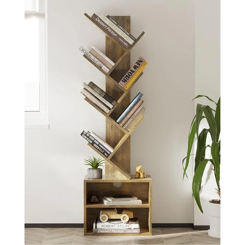 

6 Tier Tree Bookshelf, Small Bookcase with Storage Cabinet, Modern Tall Narrow Bookshelves, Floor Standing Book Shelf