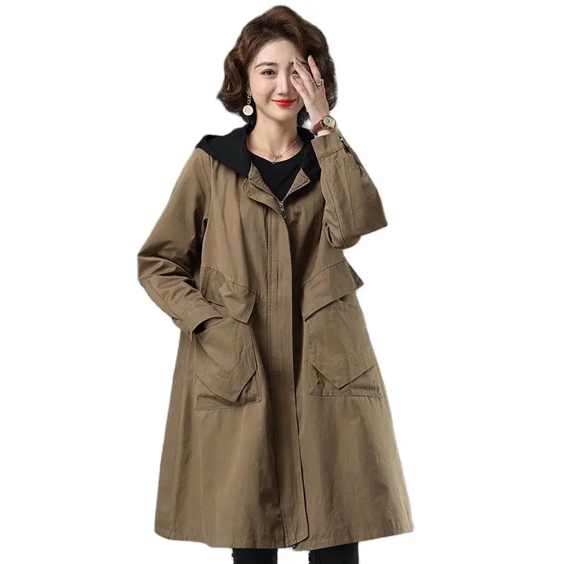 

Spring Autumn Mid-Long Windbreaker Women 2023 New Loose Hooded Trench Coat Pure Colour Overcoat Fashion Pocket Outerwear Female