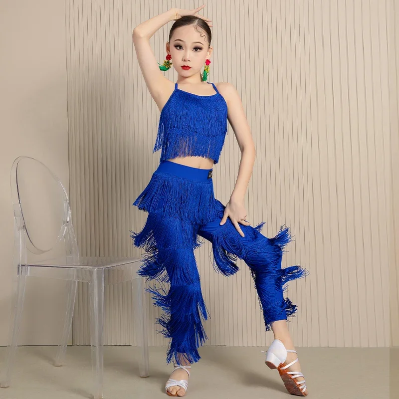 

Child Tassels Ballroom Latin Dance Costume Girls Fringe Cha Cha Samba Salsa Costumes Children Tango Competition Clothes for Kids