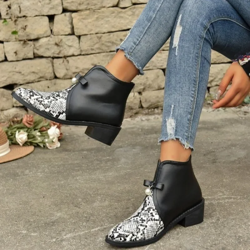 

Женская обувь, Лидер продаж 2023, женские ботинки на молнии, осенние ботинки с острым носком, разные цвета, с змеиным узором, на низком каблуке, большие размеры, римские ботинки