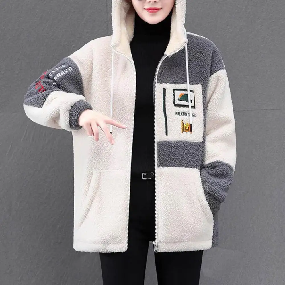 

Women Lightweight Jacket Colorblock Plush Hooded Jacket with Embroidery Detail Drawstring Closure for Women's Fall Winter