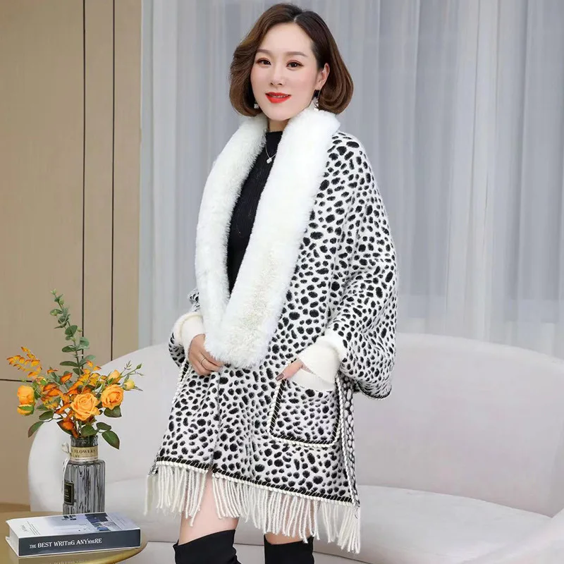 

Autumn Winter New Imitation Mink Imitation Wool Collar Knitted Shawl Women Tassels Poncho Lady Capes White Cloaks