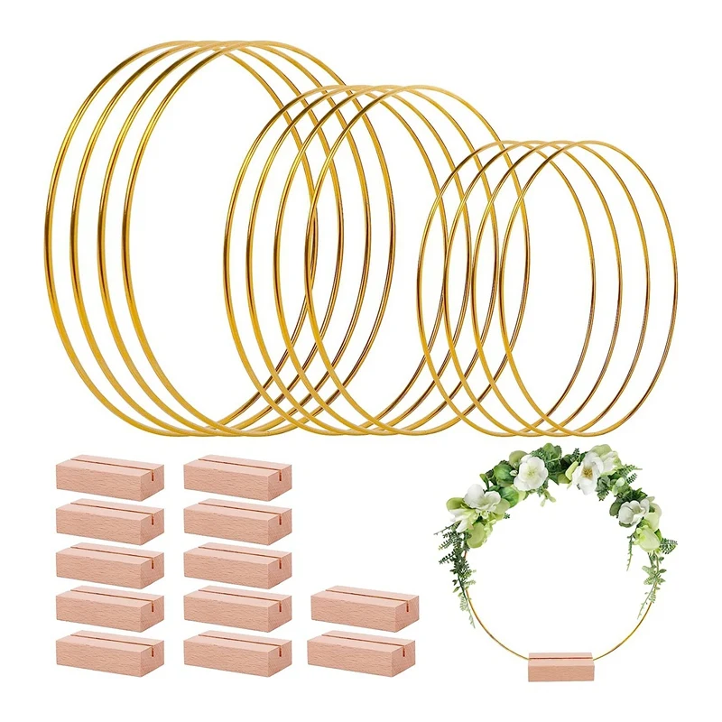 

12 Pack Metal Floral Hoops With 12 Pack Wood Place Card Holders, Wreath Macrame (8/10/12 Inch)