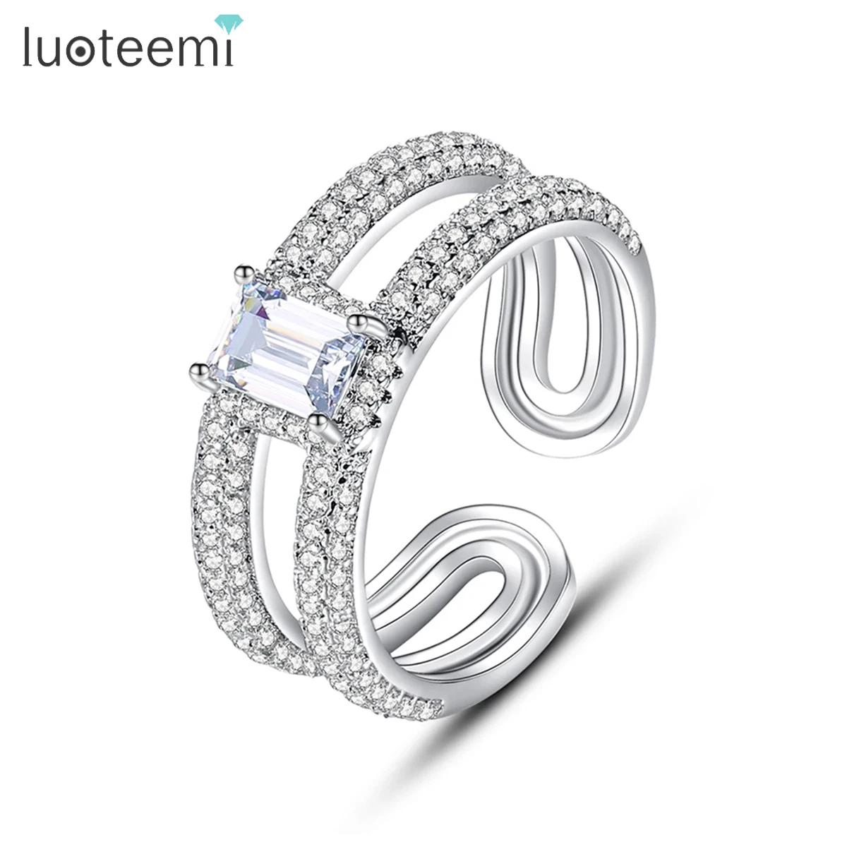 

LUOTEEMI Luxury Cubic Zirconia Double Layer Opening Rings For Woman New Fashion Gothic Finger Jewelry Wedding Party Girl's Rings