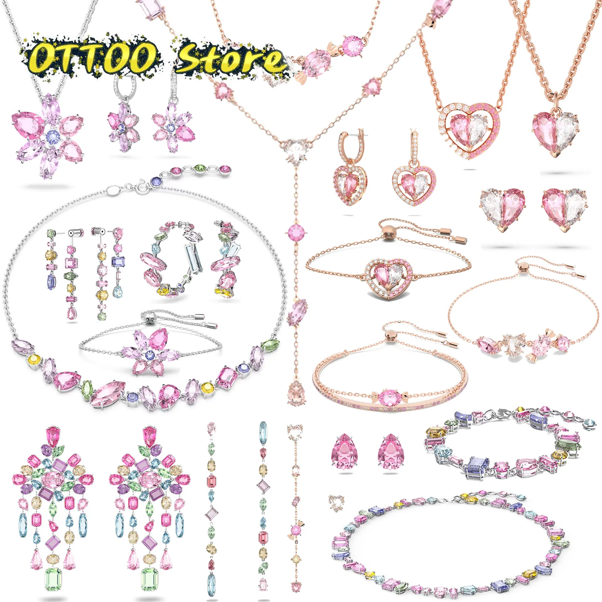 

2024 Original GEMA Fine Jewelry Sets Luxury Brand Candy Pink Crystal Necklaces Earrings Bracelets Charming Women's Romantic Gift