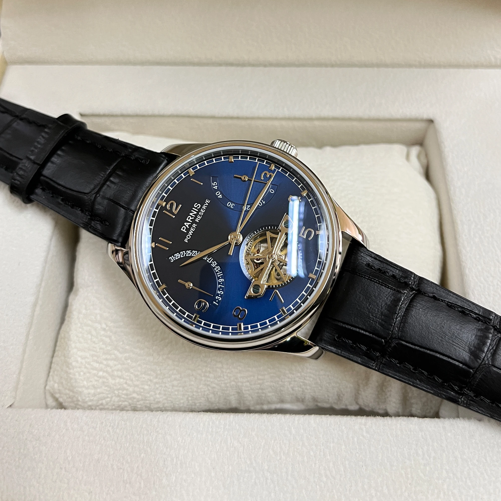

New Parnis 43mm Blue Dial Automatic Mechanical Men's Watch Leather Strap Men Power Reserve Tourbillon Watch For Men reloj hombre