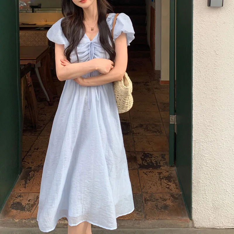 2023 Small French Style V-neck Puff Sleeve Tencel Dress Women's Summer Fitted Waist Pleated Mid-Length Dress
2023 Small French Style V-neck Puff Sleeve Tencel Dress Women's Summer Fitted Waist Pleated Mid-Length Dress