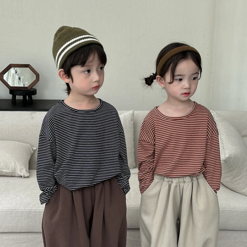 

2023 Autumn New Kids T-shirt Fashion Striped Girls Tees Long Sleeve Cotton Boys Tops Korean Casual Children's Clothes for 1-8Y