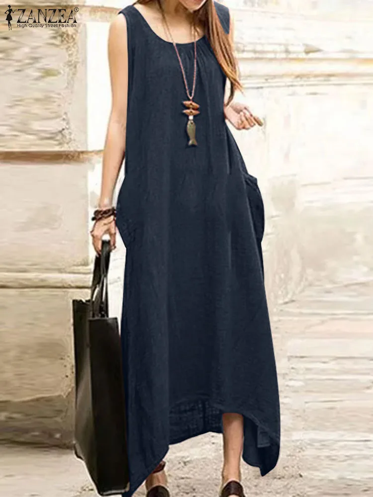 Женский винтажный хлопковый сарафан ZANZEA, летнее однотонное платье миди без рукавов, женское свободное повседневное пляжное праздничное платье, сарафаны 
Женский винтажный хлопковый сарафан ZANZEA, летнее однотонное платье миди без рукавов, женское свободное повседневное пляжное праздничное платье, сарафаны
