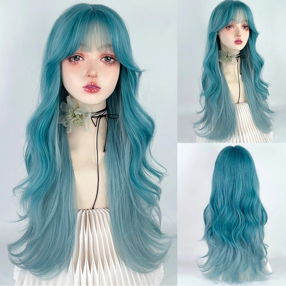 

VICWIG Long Wavy Ombre Blue Green Blend Layer Synthetic Wig with Bangs Lolita Cosplay Women Fluffy Hair Wig for Daily Party