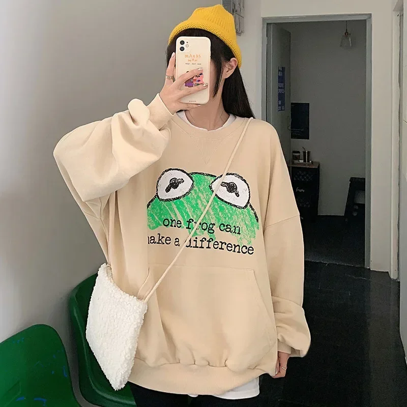 

Cute Frog Printed Pullovers Women O-Neck Thin Loose Casual Sweatshirts with Big Pocket Spring Autumn Mid-Length Leisure Pullover