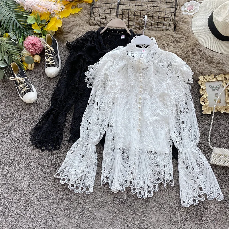 

Spring and Autumn New French Elegant Lace Hollow Horn Sleeves Cardigan with Ruffled Edge Loose and Fashionable Long Sleeved Top