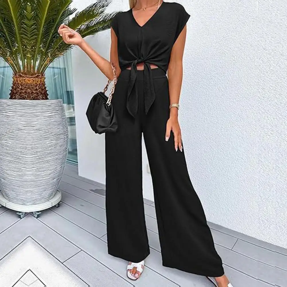 

Breathable Lightweight Suit Navel-baring Strappy Top Women's Lace-up Knot Top Wide Leg Pants Set for Ol Commute V Neck High